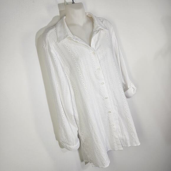 Chicos Womens Shirt Size 2 US Large Button Up Long Tab Sleeve Embroidery Eyelets - Picture 3 of 12